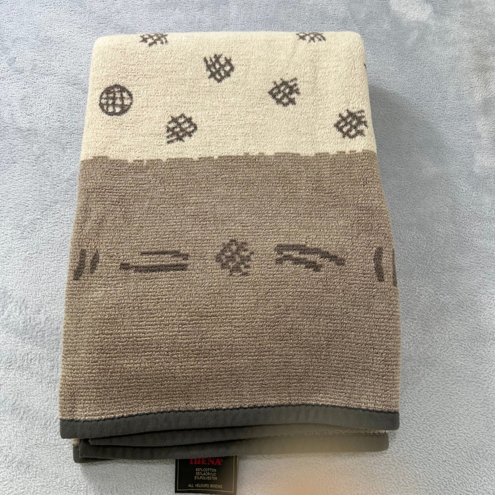 Vtg. IBENA Woven Jacquard Throw Blanket Geometric Germany Made Grey Velour 53x76